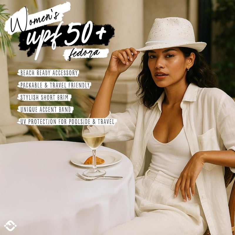 Funky Junque Women's Straw Fedora Sun Hat - UPF 50+ Protection, Short Brim, Stylish Woven Pattern - Image 2